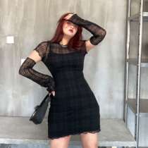 Vintage manor large size functional style dress Black sexy lace spring and summer stitching sleeve three-piece set Slim and thin