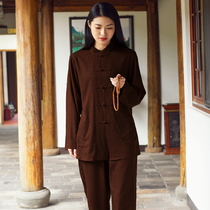 Qin Zhu lay clothes womens cotton and linen suit Spring and autumn long-sleeved Zen Buddhist clothes Womens summer zen Chinese style