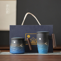 Filtered tea cup coarse pottery office with lid Ebony handle home star deer mug gradient tea water separation