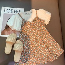 Girls floral dress childrens 2021 New suspender skirt summer Children Baby foreign style princess dress two-piece set