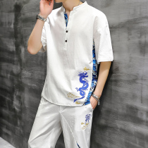 Summer ice silk Tang suit mens Chinese style casual suit Mens short-sleeved t-shirt thin loose set of mens fashion