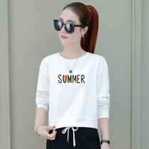 High-waisted short white sweater womens loose Spring and Autumn New Korean skinny simple print round neck T-shirt top