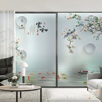 New Chinese style home and glass film Simple flowers and birds landscape painting Balcony living room push-pull sliding door Electrostatic matte sticker