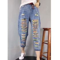 Straight Joker Beggar thin Capri pants tide Haren pants summer hole jeans women 2021 new daddy pants