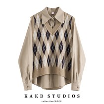Shirt women design sense 2021 autumn size womens fat mm two-piece knitted sweater waistcoat Plaid set women