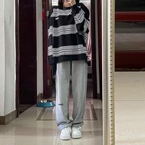 Single set autumn Korean loose sweatshirt female student fashion striped round neck shirt ins sweatpants two-piece set