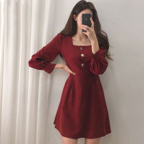 2021 Spring and Autumn New Square Collar Clavicle Slim High Waist Dress Korean version of small fragrant wind Slim first love short skirt