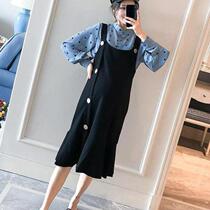Pregnancy Woman Dress 2022 New Fashion Foreign Air Shirt Polo Dot Fashion Suit Pregnant Woman Autumn and Two Braces Skirts