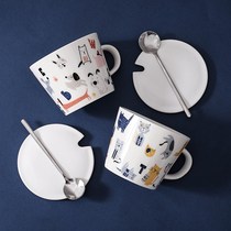 Cartoon cute cat Cup female mug with lid Spoon Cereal Milk Breakfast Cup microwave ceramic water Cup