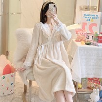 Coral velvet nightgown women autumn and winter 2021 New cute lace side pajamas kimono ins lace home clothes women