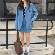 Foreign blue suit womens 2021 new letter patch suit jacket high waist skirt A- line dress two-piece set