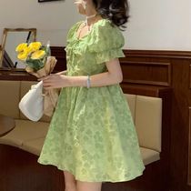 Summer will be after dinner French first love sweet skirt female summer small fresh green retro bubble sleeve dress