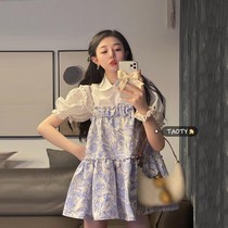 French suit skirt women bubble sleeves white shirt Floral first love sundress Net red Western style two-piece summer