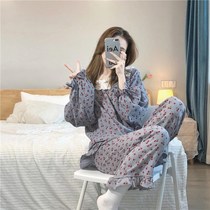 Cotton yarn pajamas female spring and autumn woven cotton long sleeve retro French floral reduced age girl size home clothing set