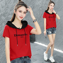 Hooded short-sleeved thin sweater womens 2021 summer Korean edition loose belly cover womens hooded cotton T-shirt top tide