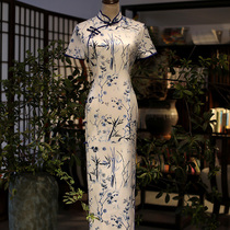 Blue and white porcelain elegant retro cheongsam dress long temperament catwalk 2021 new summer college entrance examination