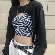 Autumn design sense fashion simple short round neck long sleeve sweater slim body slim zebra pattern camisole Vest Women