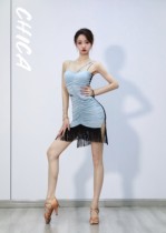 CHICA Meichen dance dress blue fringe hip dress with chest cushion Latin dance just female adult