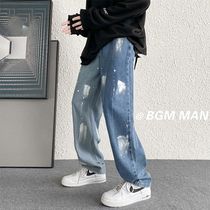 Splashing ink jeans mens straight loose ins spring and autumn all-match couple falling mopping casual trousers men
