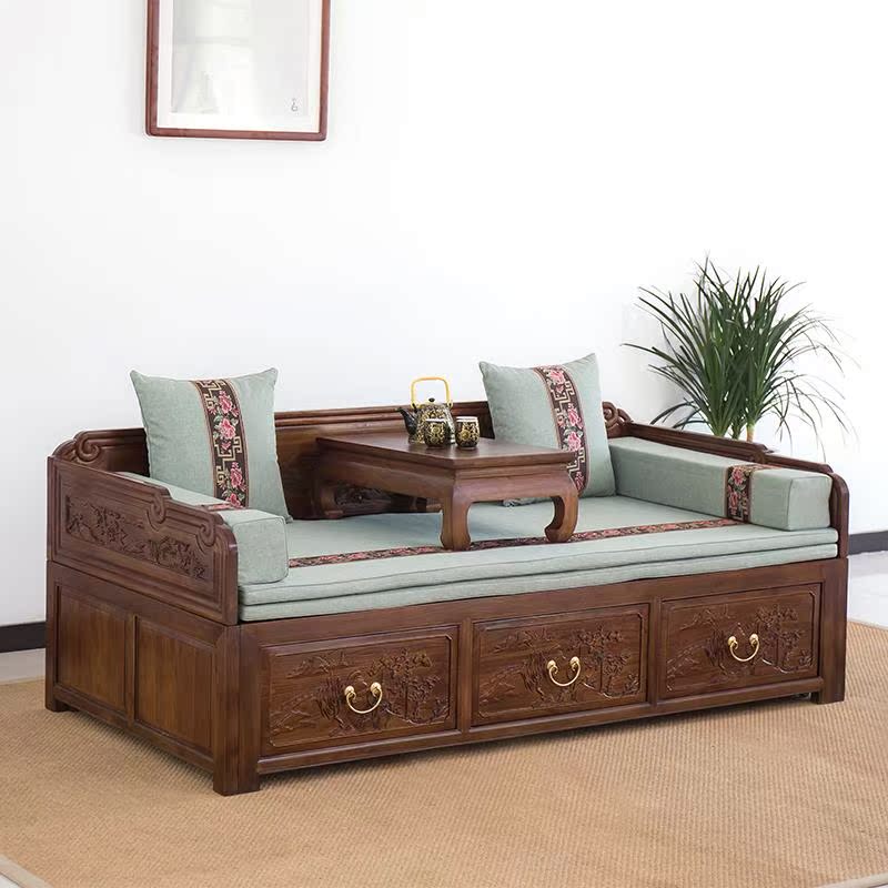 Chinese Arhat bed Push-pull bed Pure solid wood bed Collapse thick hoard carved old elm Zen furniture Arhat bed Bed