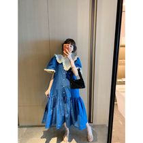 2021 summer new irregular eugen yarn ruffle collar sea blue good white ruffle long dress female tide