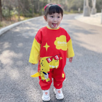 Baby conjoined clothes New year greetings red waterproof foreign gas baby anti-dirty autumn and winter children wear all over the body