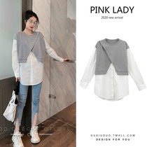  Pregnant womens autumn tops spring and autumn womens 2021 Korean version of the new stitching long-sleeved shirt retro stripes loose plus size