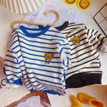 2021 autumn new children long sleeve cartoon bear body shirt stripes base shirt T-shirt boys and girls baby sweater 3