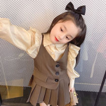 2021 autumn new girl childrens suit French retro suit vest small flying sleeve shirt pleated skirt tide