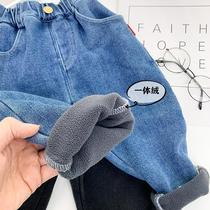 Winter Thickened Warm Boys and Cashmere Pants Foreign Style Baby Children Soft Stretch All-in-One Cashmere Jeans