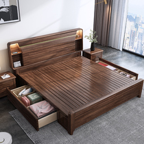 Walnut bed solid wood 2x22 m new Chinese double king bed with bookshelf light luxury modern minimalist master bedroom storage