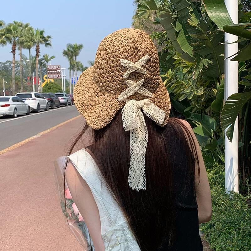 レースリボン麦わら帽子女性の日よけ帽子夏折りたたみ式大きなつばの太陽の帽子海辺の休暇ビーチ太陽の帽子