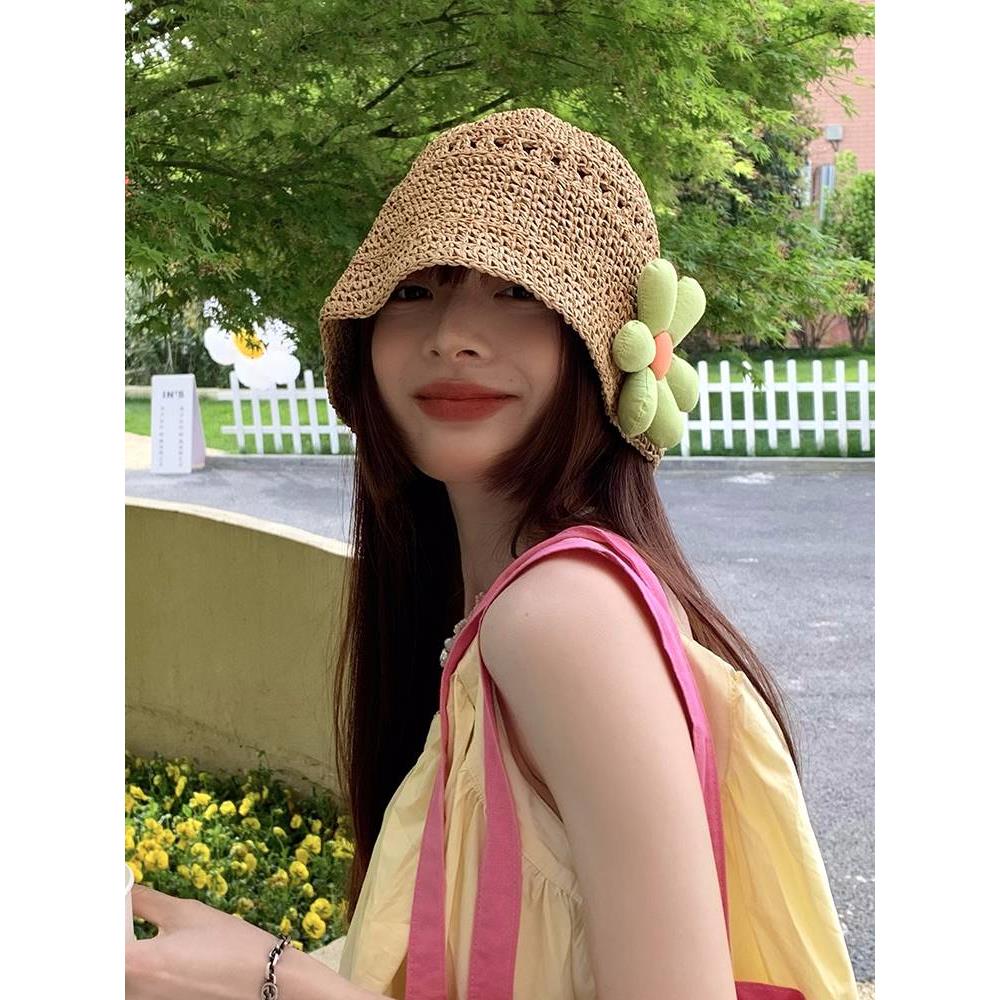 日本の手作りわら漁師帽子女性のための韓国スタイルの日よけ麦わら帽子夏かわいい花顔カバー日焼け防止バケット帽子トレンディな