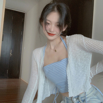 Knitted cardigan thin womens sundress outer blouse summer sunscreen coat Short top hollow fairy small coat