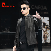 Haining goatskin leather jacket mens leather down jacket short stand collar slim fit jacket 2023 autumn and winter new leather jacket