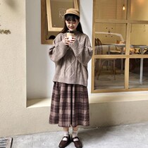 One-piece set 2021 Spring Academy style long sleeve knitted sweater high waist slim plaid skirt two-piece set