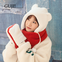 Winter warm hat scarf one girl winter hooded scarf Joker Korean cute gloves three-piece set tide