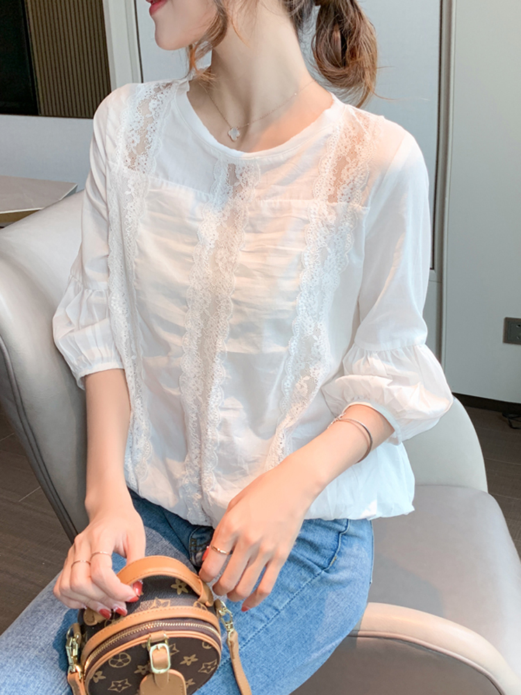 Chiffon top womens 2021 spring and summer new fashion lantern sleeve shirt loose lace base belly cover-up Western style shirt
