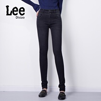 LEE diizo autumn and winter New Korean double waist buckle jeans women plus velvet high waist slim stretch small elastic foot trousers
