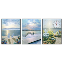 Living room decorative painting triple frameless painting wall clock sofa background wall clock hanging painting Nordic style vertical landscape mural