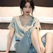 Silk pajamas womens 2021 new summer thin ice silk short-sleeved three-point pants two-piece lace home dress
