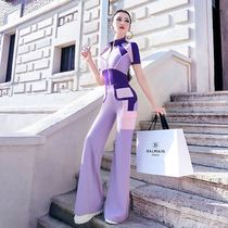 Summer leisure sports thin age reduction set 2021 New temperament stitching short sleeve top Bell pants two-piece set