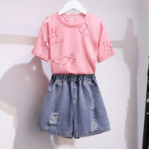 Girl T-shirt suit 2022 summer fit short sleeve trendy breaking hole denim shorts net red ocean gas children two sets of damp