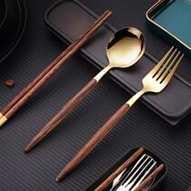 Chopsticks spoon set primary school students fork office workers children portable storage box three sets of tableware stainless steel