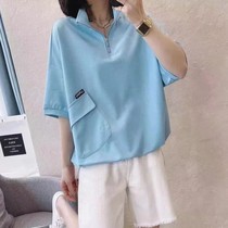 Short Sleeve Top Female European Edition 2021 Summer Korean version Joker Pullover Stand Collar Zipper Pocket Loose Casual T-shirt