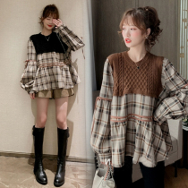 Pregnant womens coat autumn maternity clothing long sleeve loose plaid doll skirt autumn and winter with bottom pregnant womens jumpsuit skirt