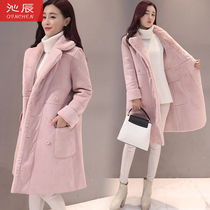 Lamb coat female Korean winter plus velvet padded suede coat medium and long leather wool one lapel cotton coat