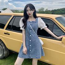 Dress waist summer new 2021 denim short sleeve first love line dress sweet cool lace stitching ins Womens