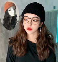 Wig womens long hair knitted wool hat one fashion corn hot long curly hair autumn and winter wool roll full head cover