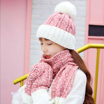 Hats scarves gloves three-piece womens three-in-one wool knitting students cute touch screen to keep warm and warm and warm winter